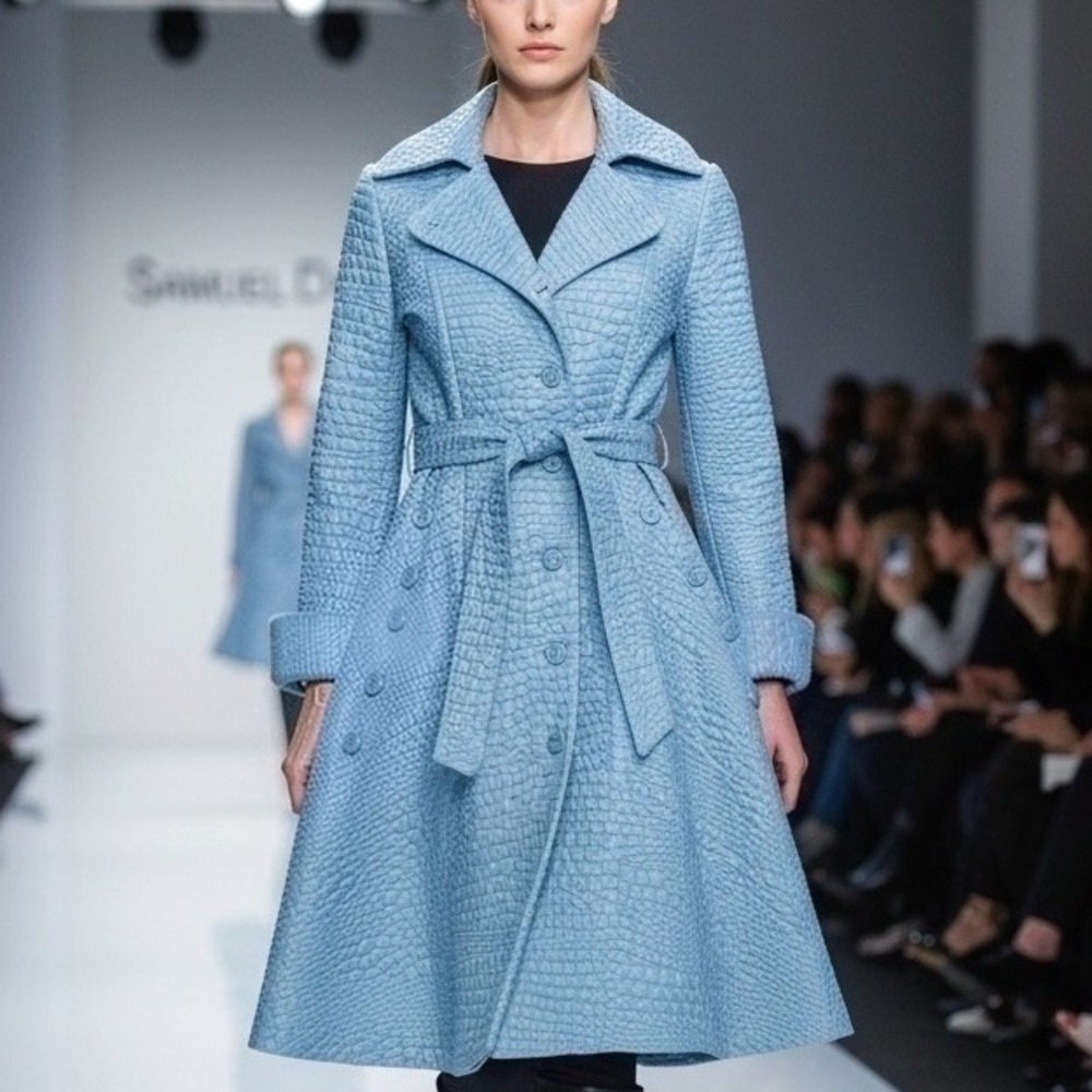 EUC Womens S SAMUEL DONG F22023 Ice Blue Alligator Jacquard A-Line Coat SOLD OUT